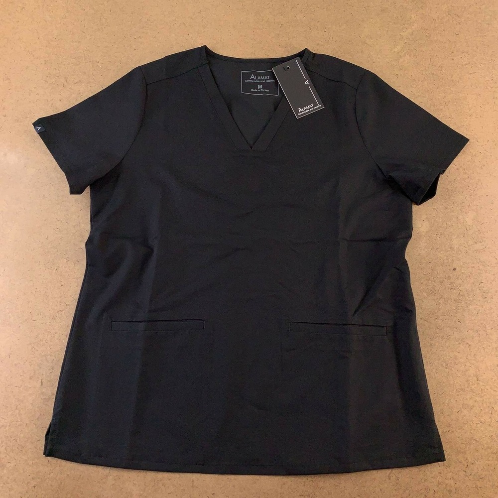 Alamat Womens Scrub Top Black V Neck Pockets Short Sleeve M New